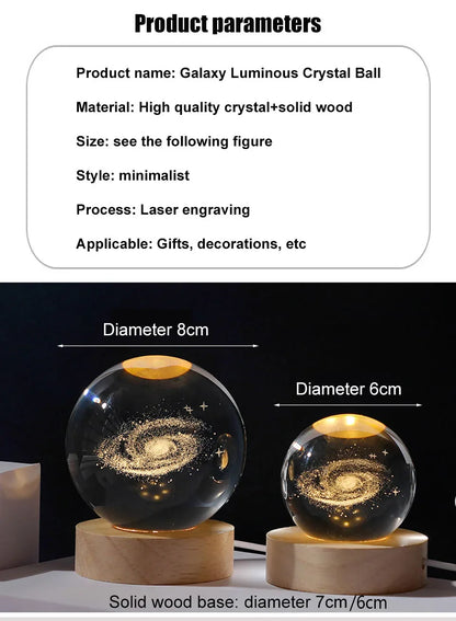 Gift Festival USB LED Night Light, Galaxy Crystal Ball Lamp, 3D Planet Moon Lamp